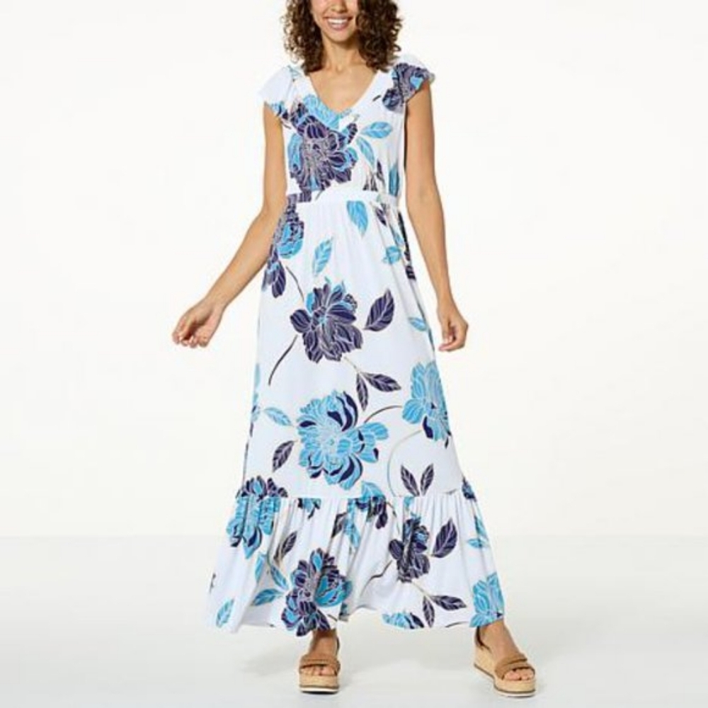 IMAN Global Chic Drapey Knit Tiered Maxi Dress Blue Floral
